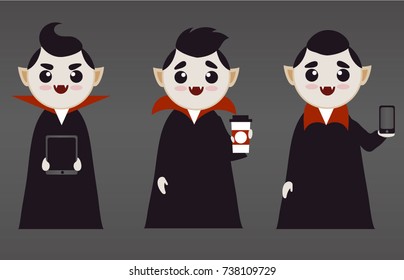 Collection of Three Cute Vampire Boys or Guys With Tech Gadgets - Tablet / Electronic Book and Smart Phone and Coffee Cup -  Halloween Vector Illustration 