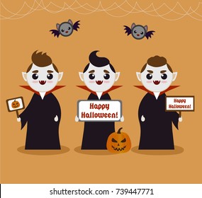 Collection of Three Cute Vampire Boys or Guys With Text Template -  Halloween Illustration 
