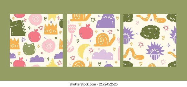 A collection of three cutest patterns. Bright patterns for children. Childish patterns with snail, apple, mountain, flower, frog and dinosaur. Background, wallpaper, Wrapping, textile template