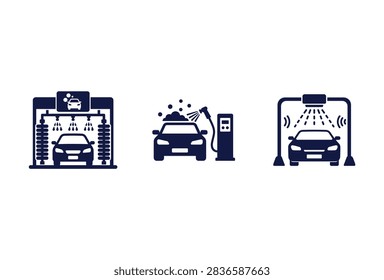 A collection of three dark blue icons representing different car wash methods including automatic tunnel wash manual pressure spray and touchless cleaning systems