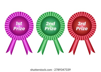 A collection of three decorative award rosettes representing first, second, and third place prizes with vibrant colors and ribbon tails.