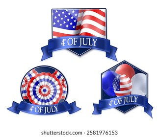 A collection of three decorative badges celebrating the 4th of July. The top badge features an American flag waving, while the bottom left has a circular design with red, white, and blue colors.
