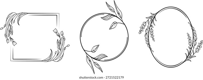 Collection of three delicate black and white floral border designs featuring a square frame and two circular wreaths adorned with botanical elements like leaves and small blossoms suitable for elegant invitations wedding stationery or logo creation projects.