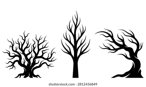 Collection of three different black silhouettes of leafless trees with intricate, twisted branches, isolated on a white background.