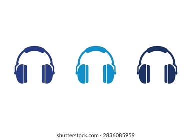 A collection of three different blue safety earmuff icons used for ear protection in loud industrial environments or construction sites