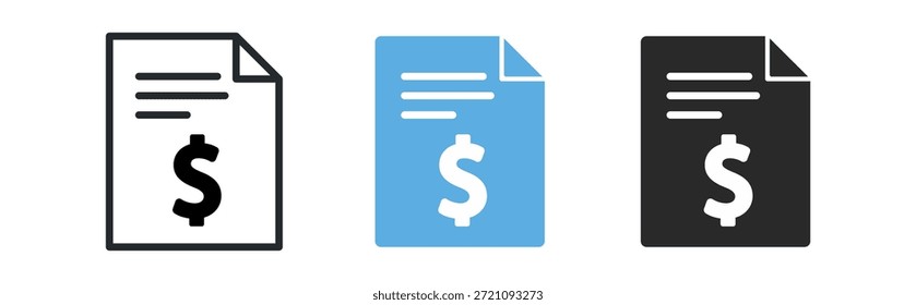 Una colección de tres diferentes íconos de billetes de dólar en varios estilos: negro, azul y monocromo.