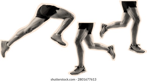 A collection of three different poses of running legs, captured in a halftone style, isolated on a white background for sports and fitness design.