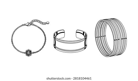 A collection of three different styles of bracelets including a charm bracelet a cuff bracelet and a woven metal bangle