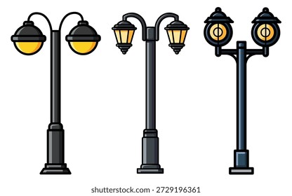 Uma coleção de três estilos diferentes de lâmpadas clássicas de rua ou postes vintage ilustrados usando um design plano arrojado e contorno preto espesso isolado em um fundo branco limpo.