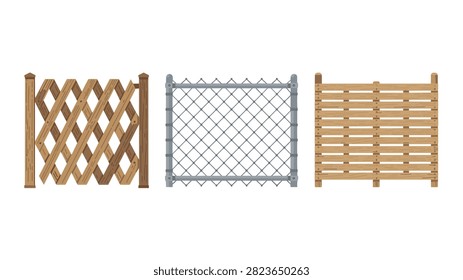 Collection of three different types of fencing designs including a wooden lattice fence, a standard metal chain-link, and a horizontal slat fence.