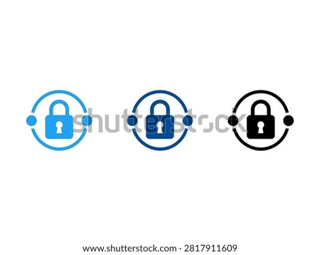 A collection of three digital security padlock icons featuring circular connection points representing encrypted data protection and secure network access in various shades of blue and black