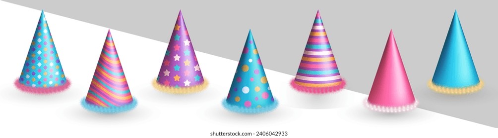 Colección de sombreros de cumpleaños tridimensionales realistas y coloridos o tapas de papel de fiesta en forma de cono con piel esponjosa. Espectáculo de sombreros púrpura, azul y rosa para la celebración del evento, aniversario