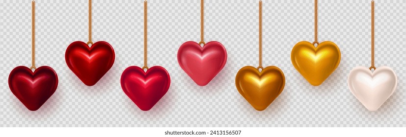 Collection of three dimensional red, golden, pink and white puffy heart baubles hanging on realistic golden chain. 3d glossy heart pendant, garland as decoration element for Valentines Day event