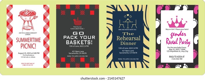 Collection of three dinner invitation templates. Brochures, posters, invitation cards, promotion banners, menus background. Vector illustration