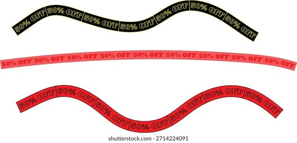 Colección de tres distintivos 50% de descuento en cintas promocionales: negro ondulado, rojo recto y rojo ondulado, ideal para eventos de ventas y campañas publicitarias.