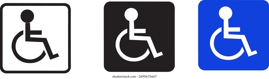 A collection of three distinct accessibility symbols, each featuring a stylized figure in a wheelchair, presented on white, black, and vibrant blue square backgrounds for clear visibility and recognit