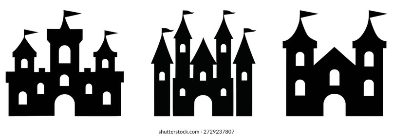 A collection of three distinct black silhouette icons depicting various medieval or fairytale castles, each featuring towers and flags, perfect for fantasy themes.