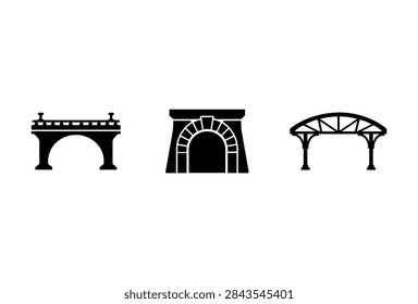 A collection of three distinct black vector icons depicting various infrastructure designs including an arched bridge a tunnel entrance and a truss structure isolated on white background
