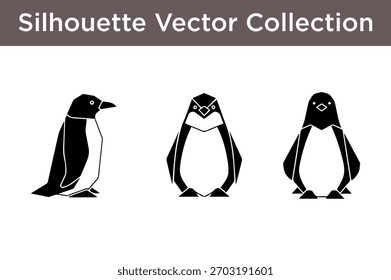 Uma coleção de três distintas silhuetas de pinguins estilizadas em preto e branco, apresentadas sobre um fundo branco limpo.