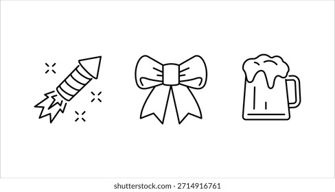 Uma coleção de três ícones distintos de arte em linha preta e branca representando celebração e prazer, perfeito para elementos de design gráfico