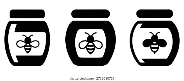 Una colección de tres íconos de silueta en blanco y negro que representan frascos de miel, cada uno con un gráfico de abeja estilizado en su etiqueta frontal para un fácil reconocimiento.