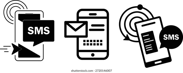 Collection of three distinct black and white vector icons illustrating various aspects of mobile short message service including sending delivery receipt and general notification concepts applicable to digital communication platforms.