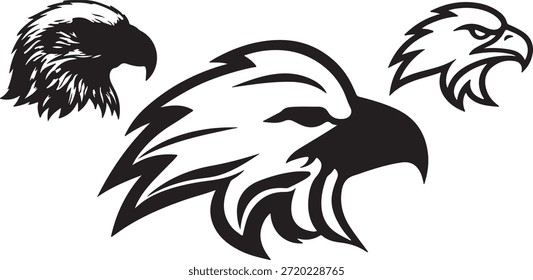 Eine Sammlung von drei verschiedenen schwarz-weißen stilisierten Adlerkopfillustrationen, perfekt für Logos, Embleme oder Teammaskottchen.