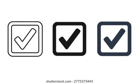 A collection of three distinct checkmark icons presented within square frames, showcasing outline, solid black, and deep blue variations. Ideal for confirmation, selection, or success themes in design and digital interfaces.