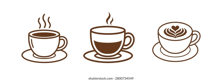 A collection of three distinct coffee and espresso cup illustrations featuring steam swirls and heart shaped latte art in a clean brown outline design