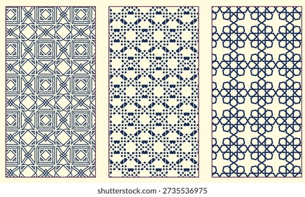 Collection of three distinct dark blue traditional islamic geometric patterns displayed vertically on a cream background