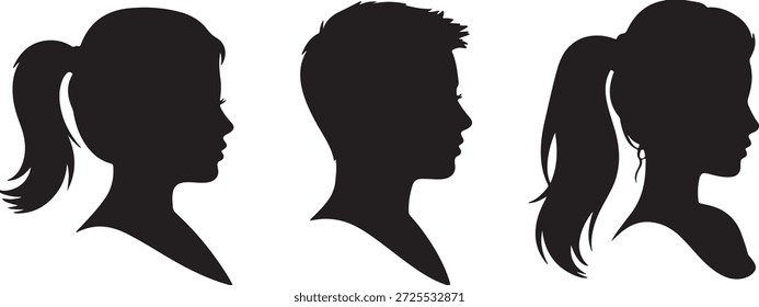 Eine Sammlung von drei verschiedenen weiblichen Kopfprofilen in schwarzen Silhouetten, jede mit einer einzigartigen Frisur von Pferdeschwanz bis kurz.