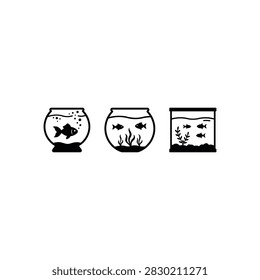 A collection of three distinct fish tanks, each containing fish and aquatic plants, presented in a clean, minimalist style.