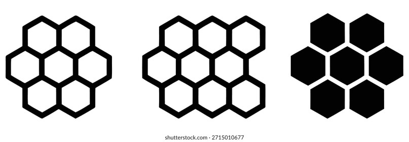 Una colección de tres representaciones gráficas distintas de una estructura hexagonal de panal, con un contorno, un contorno ligeramente irregular y una versión sólida rellenada de negro para contrastar el diseño.