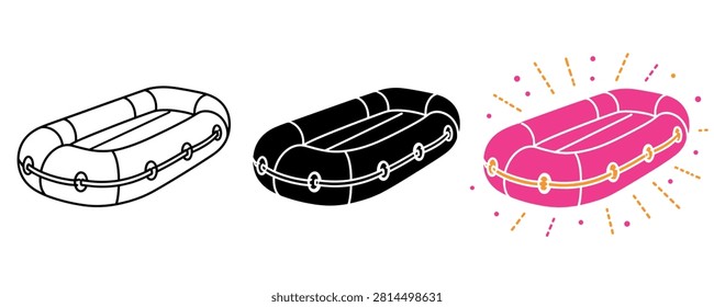 Collection of three distinct graphic representations of an inflatable raft, showcasing line art, silhouette, and vibrant design variations for diverse applications