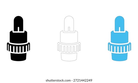 Uma coleção de três representações gráficas distintas de um conector de fibra óptica, provavelmente do tipo SC ou FC, mostradas em silhueta preta sólida, um contorno de arte de linha simples e uma capa azul vibrante preenchida