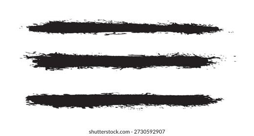 A collection of three distinct, hand-drawn black grunge brush strokes, each with a unique textured appearance, isolated on a clean white background.