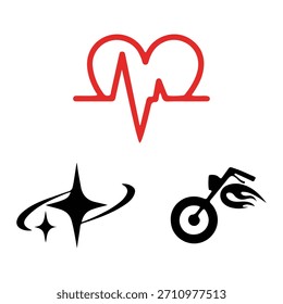 Una colección de tres íconos distintos: un corazón rojo con un cardiograma, una explosión de estrellas negra con zumbidos en órbita y una motocicleta negra con llamas.