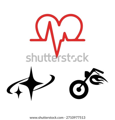 A collection of three distinct icons: a red heart with a cardiogram, a black starburst with orbiting swooshes, and a black motorcycle with flames.