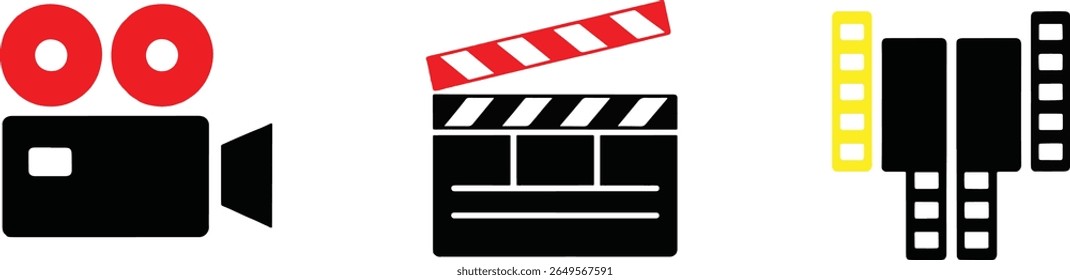 A collection of three distinct icons representing key elements of filmmaking: a vintage film camera, a classic clapperboard, and stylized film reels, all in a simple graphic style.