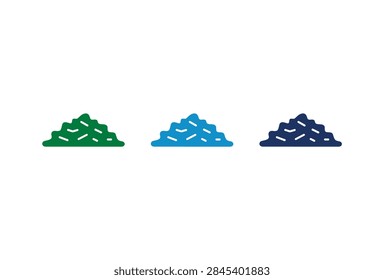 A collection of three distinct icons representing piles of granular material in green blue and dark blue colors isolated on a white background
