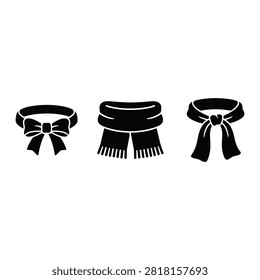 A collection of three distinct neckwear accessories depicted as simple black silhouette icons on a white background