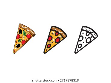 Collection of three distinct Pizza slice icon set in thin line. vector illustrations
