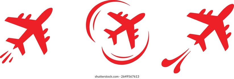 A collection of three distinct red airplane icons on a white background. The icons depict airplanes in motion, with trails and circular motion effects.