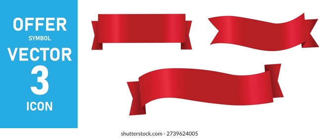 Collection of three distinct red ribbon shapes including flat curved and waving styles for professional graphic design projects. High quality vector illustration featuring gradient shading for 3d effect. Versatile design elements suitable for award ceremonies grand openings or special events.