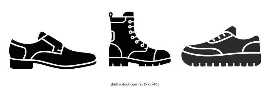Collection of three distinct shoe silhouettes including formal shoe boot and sneaker designs