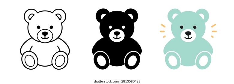 A collection of three distinct teddy bear illustrations, showcasing line art, silhouette, and a pastel-colored version with subtle accents
