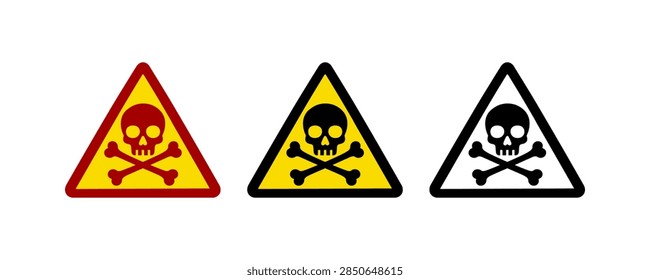 A collection of three distinct triangular warning symbols displaying skull and crossbones motifs representing danger toxicity and lethal hazards