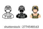 Collection of three distinct vector illustrations representing soldiers in tactical helmets and vests. Ideal for military themes, security concepts, or gaming graphics.