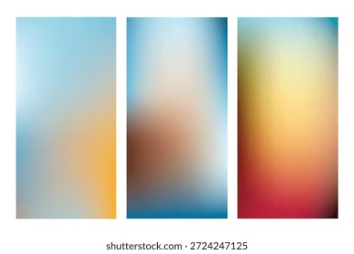 Uma coleção de três planos de fundo abstratos verticais distintos, cada um com uma mistura exclusiva de gradientes de cores suaves e suaves, criando um efeito borrado e etéreo.