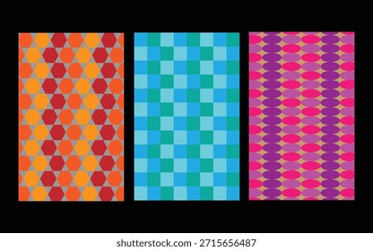 Colección de tres patrones inconsútiles geométricos vibrantes distintos que muestran hexágonos cuadrados y óvalos en paletas de colores contrastantes adecuados para el papel de embalaje de diseño textil